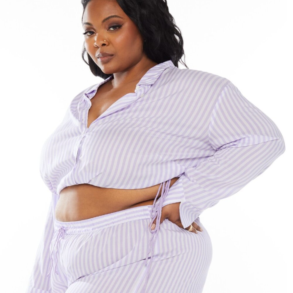 Savage X Fenty Coastal Stripe Woven Voile Sleep Crop Shirt with Drawstring | 3X